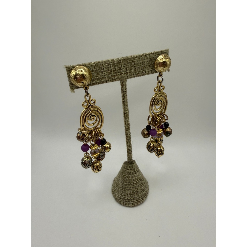 Boho Eclectic Vintage Gold Spiral Beaded Tassel Dangle Earrings Statement
